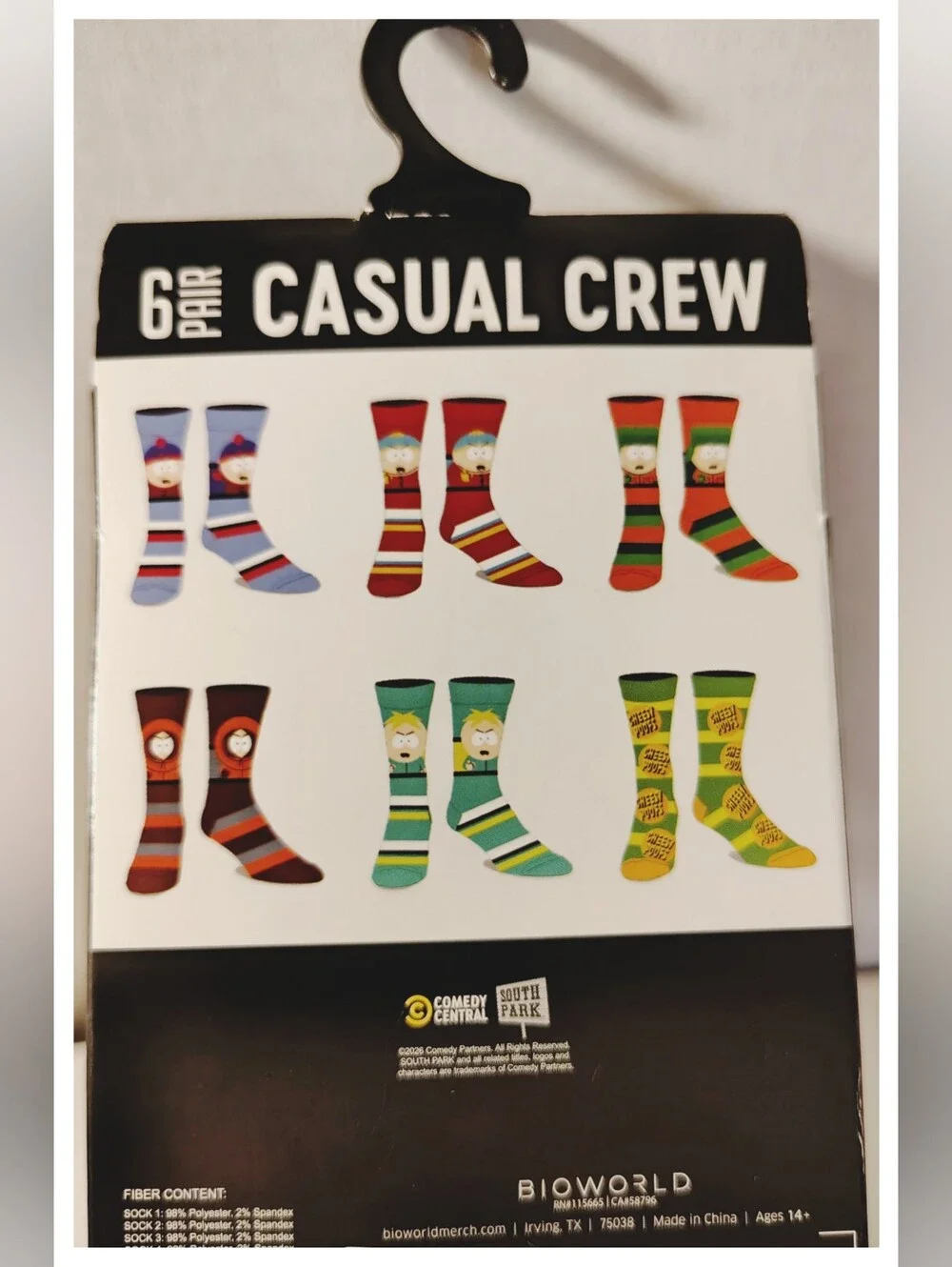 'SOUTH PARK' 6-Pair of Novelty Crew Socks - Fits Shoe Size 8-12 *NIP*